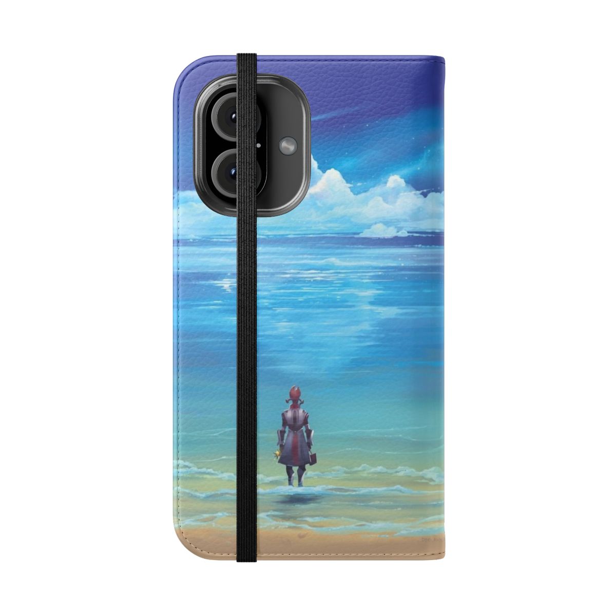 Eternity Flip Cover Phone Case featuring a beautiful coastal landscape with clouds, ocean, and seashells. - Folded Front