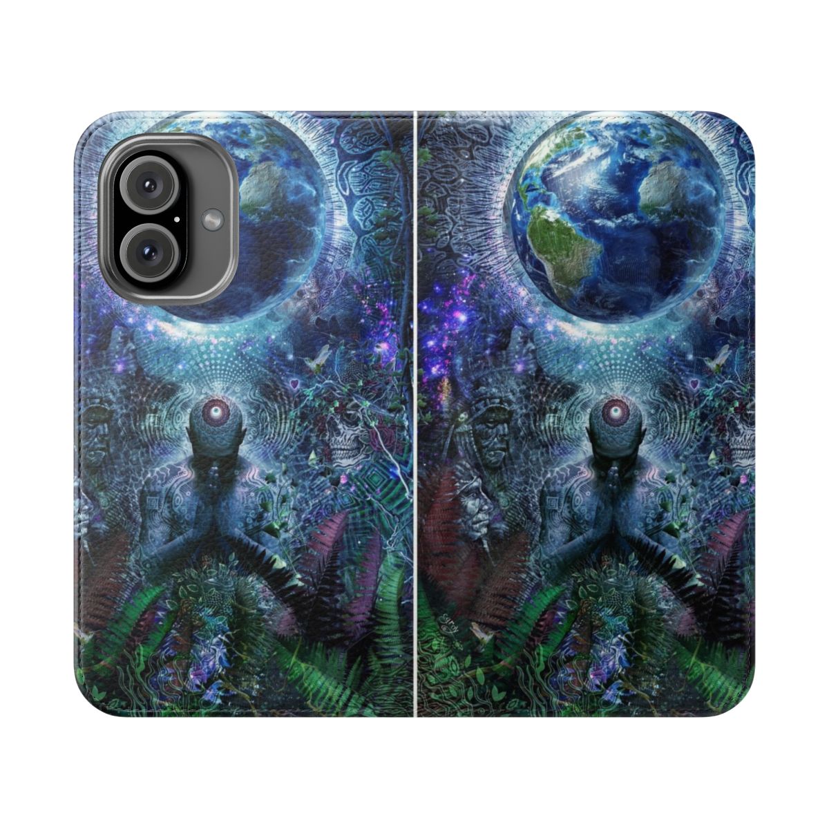 Artistic flip cover phone case featuring a surreal, visionary design of the earth and sky.