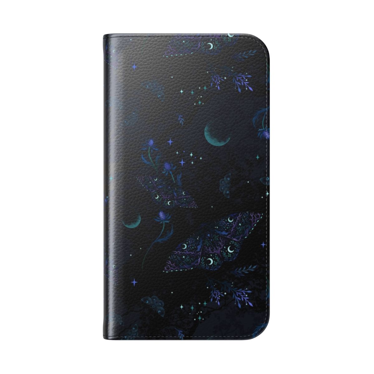 Black witch moth pattern flip cover phone case with floral and insect design - Folded Back