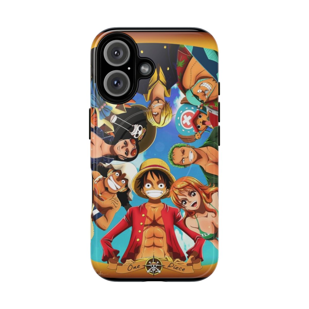 One Piece-themed phone case featuring characters from the popular anime/manga