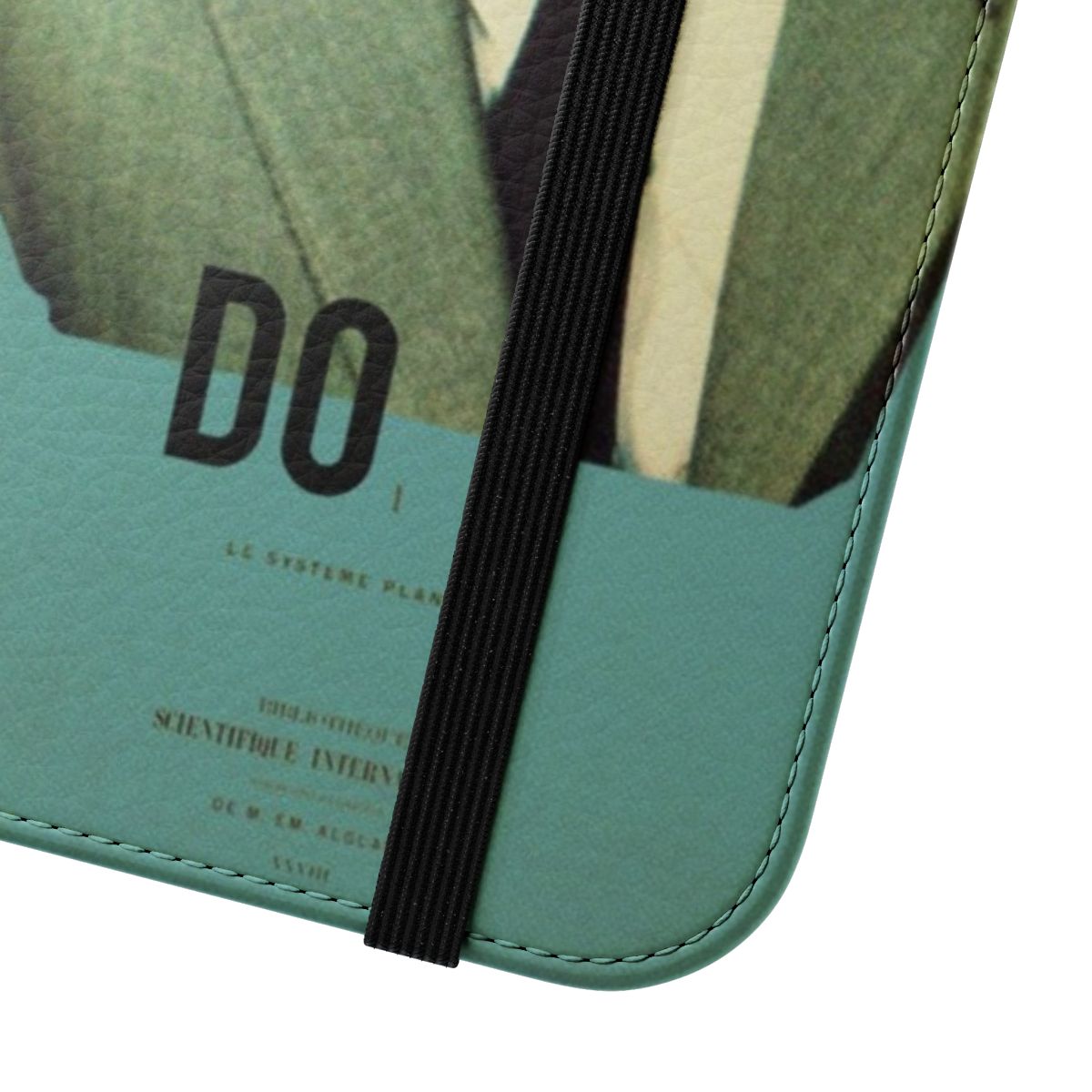 Minimalist flip cover phone case featuring a retro-style portrait artwork with typography - Close Up