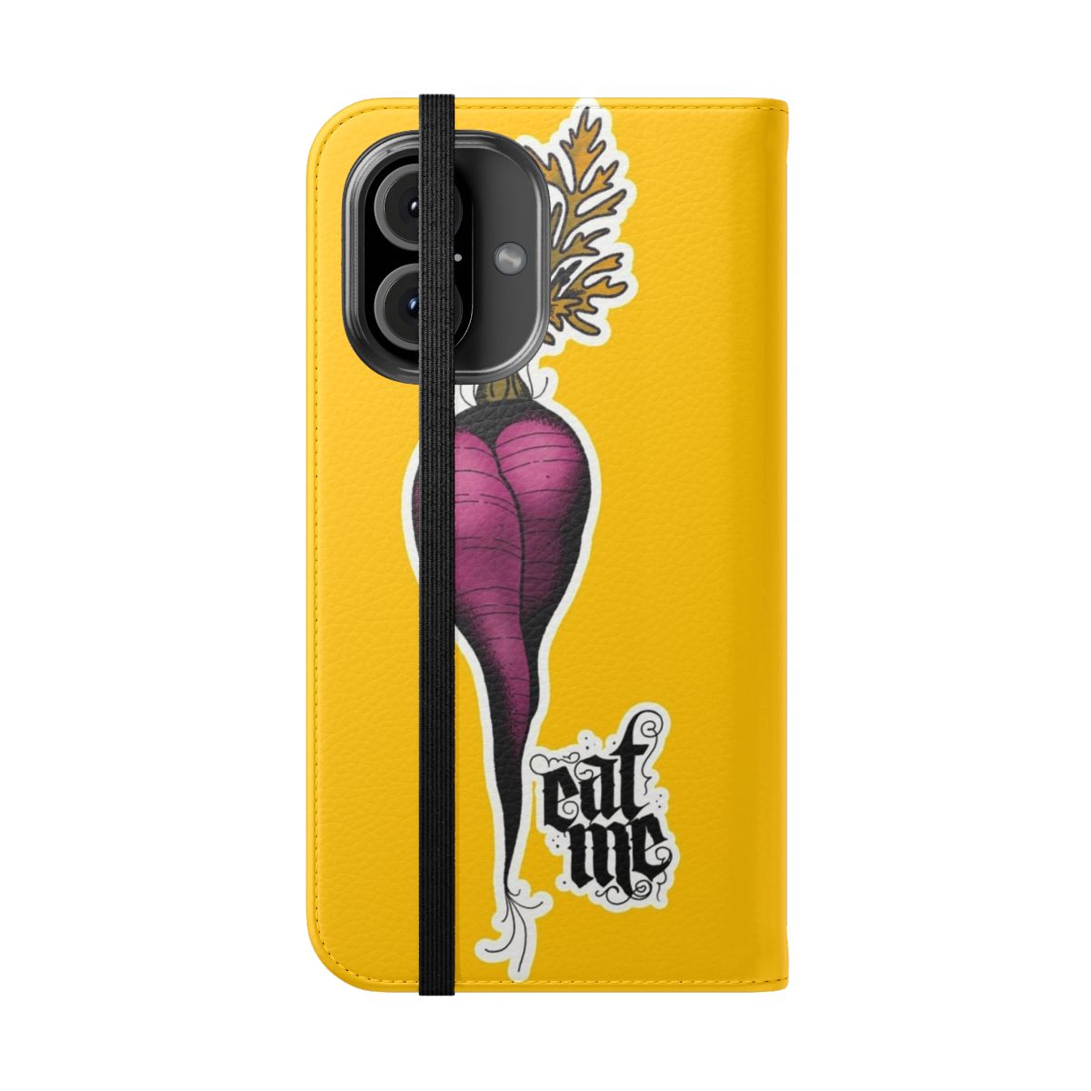 Purple carrot phone case with a playful "eat me" design - Folded Front