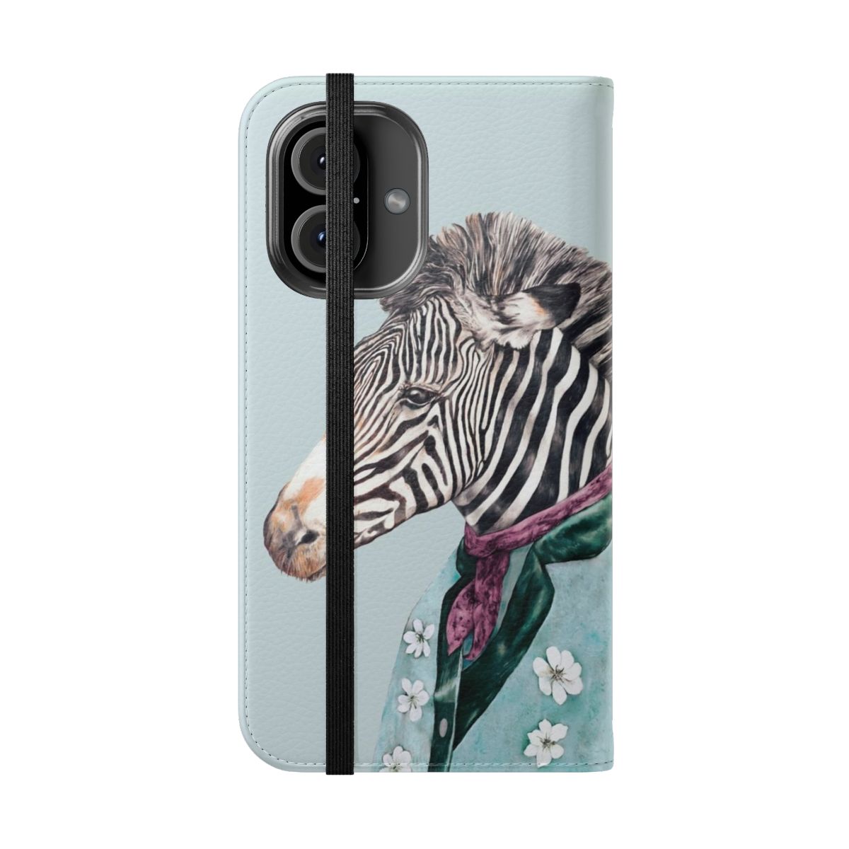 Blue and white boho flip phone case with a tribal zebra print design - Folded Front