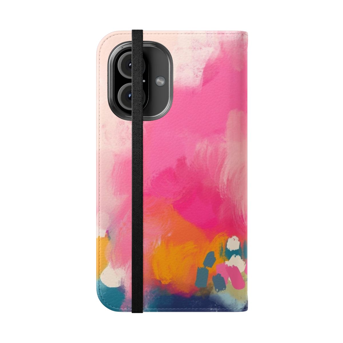 Vibrant abstract art phone case with pink, orange, and blue oil paint brushstrokes - Folded Front