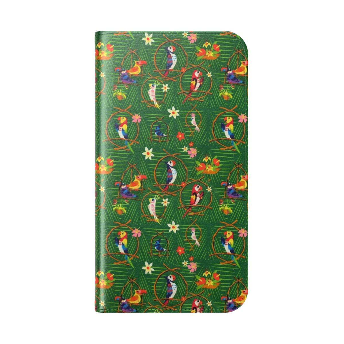 Flip phone case with enchanted tiki room design featuring singing birds, rainbows and jewels - Folded Back