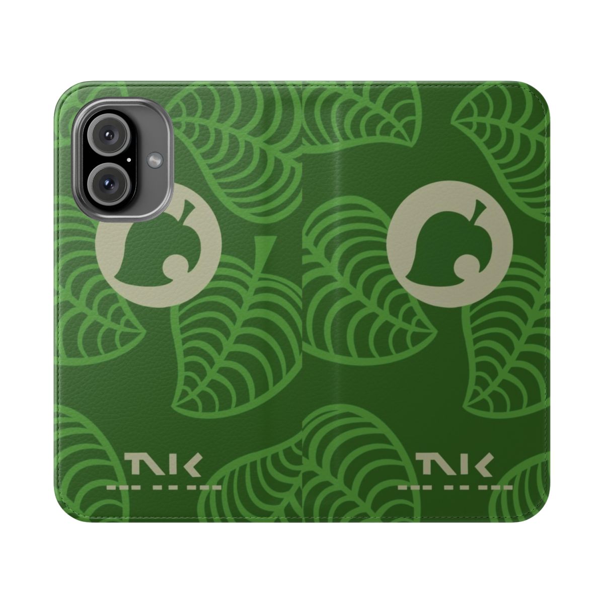 Green flip phone case with Animal Crossing-inspired leaf design