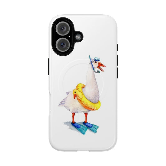 Illustrated white goose wearing a snorkeling mask on a phone case