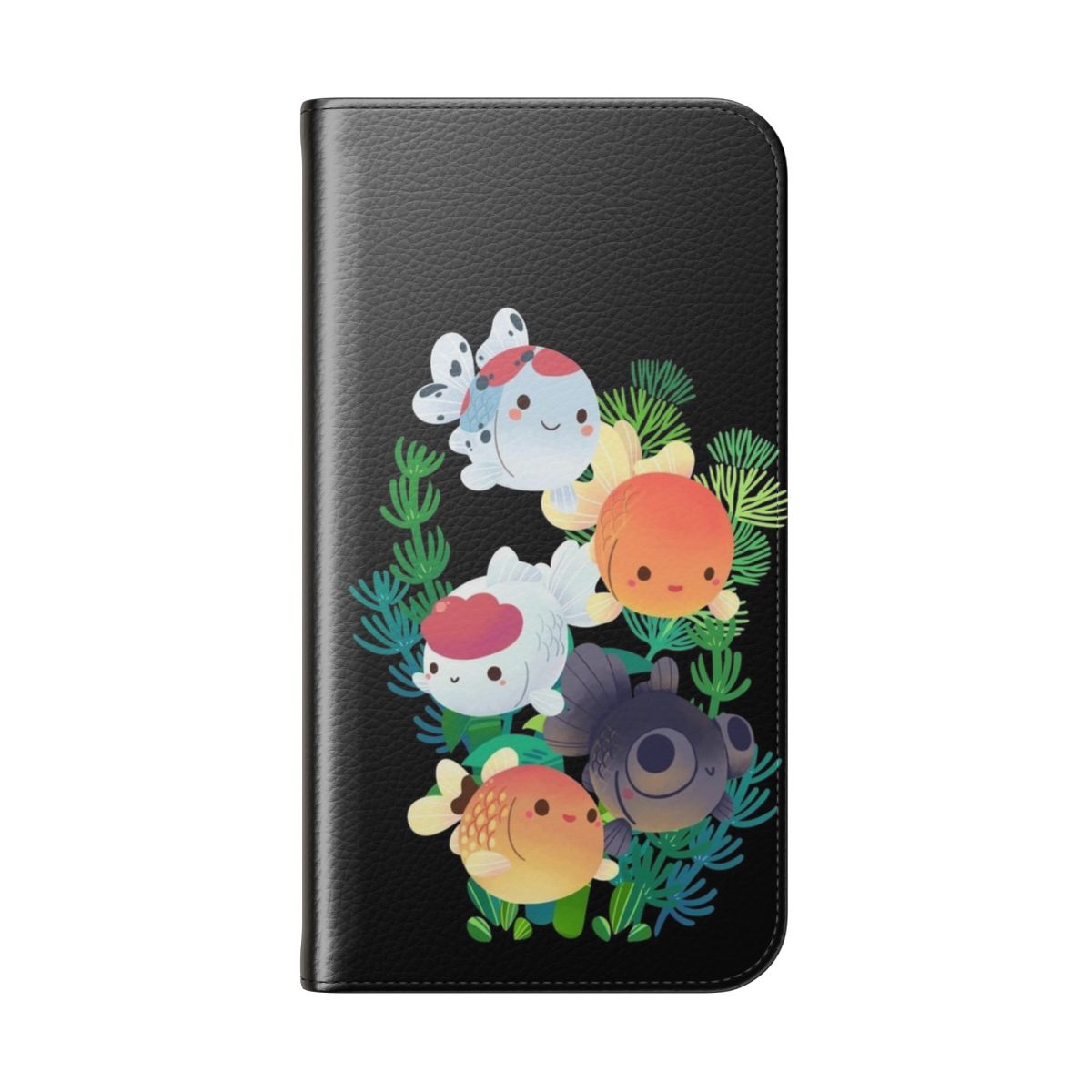 A vibrant phone case featuring a group of colorful goldfish swimming in an aquarium. - Folded Back