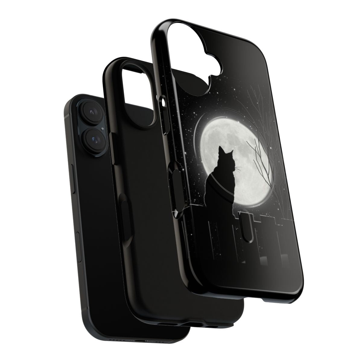 A detailed black cat silhouette against a full moon night sky, featured on a magnetic tough phone case. - Layers