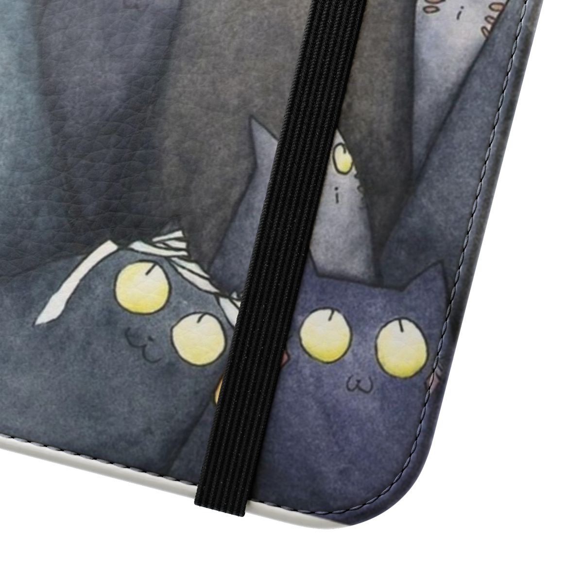 Flip cover phone case featuring a whimsical cat design with kittens, moon, and stars - Close Up