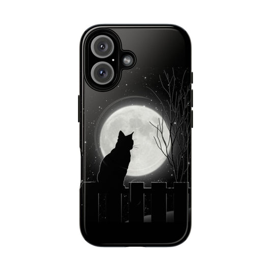 A detailed black cat silhouette against a full moon night sky, featured on a magnetic tough phone case.