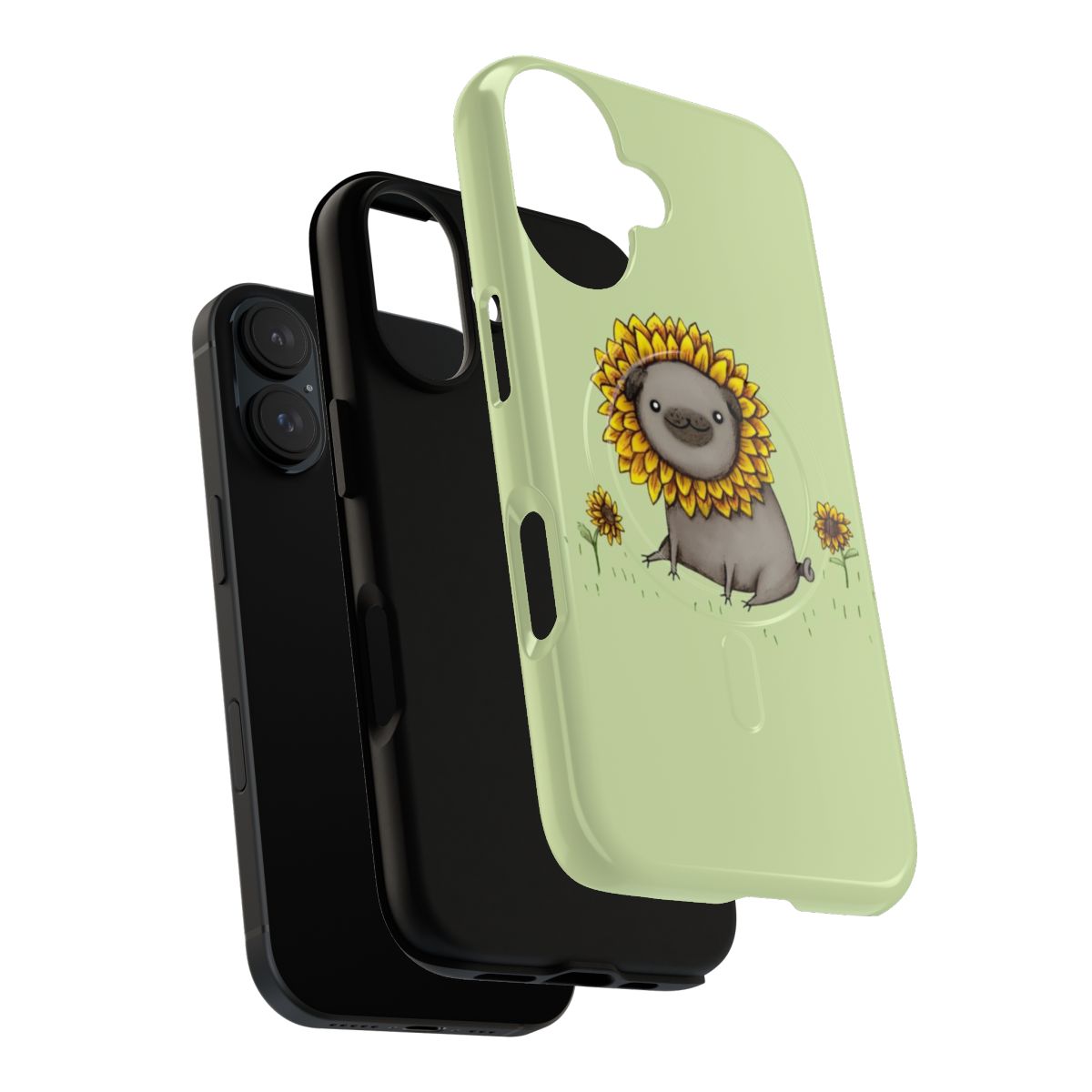 Magnetic phone case with a cute pug and sunflower design - Layers