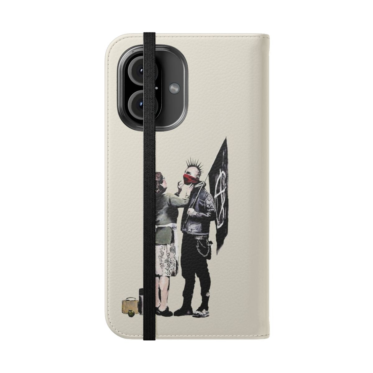 Beige and white phone case with Banksy-inspired graffiti design featuring a punk figure holding an anarchist flag. - Folded Front