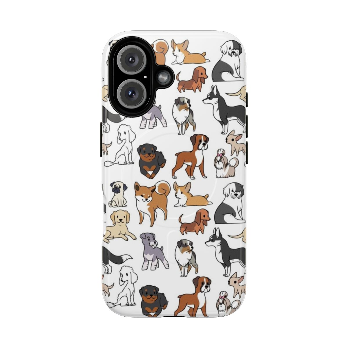 Magnetic tough phone case with a repeating pattern of various dog breeds