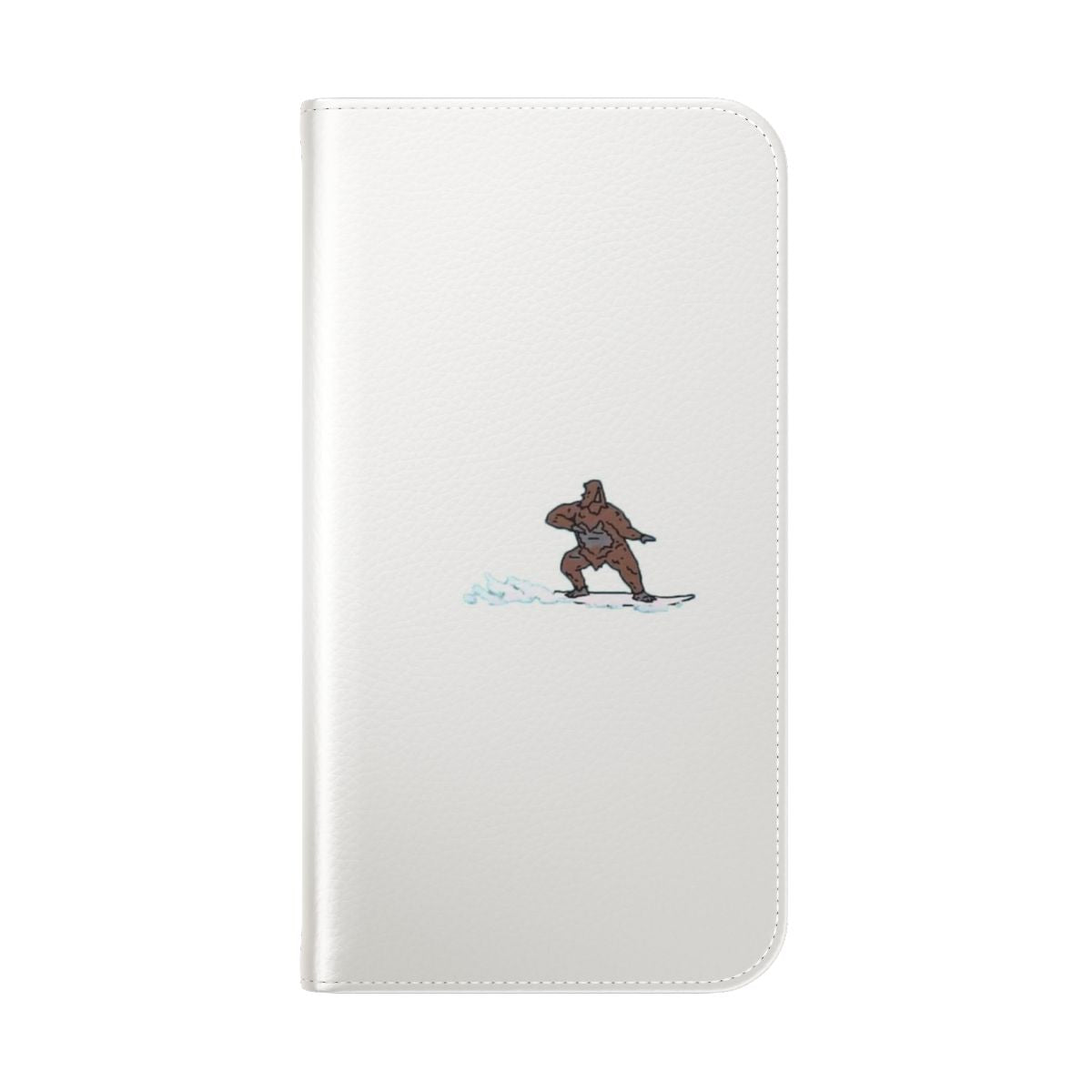 Colorful flip phone case featuring a surfing sasquatch design - Folded Back