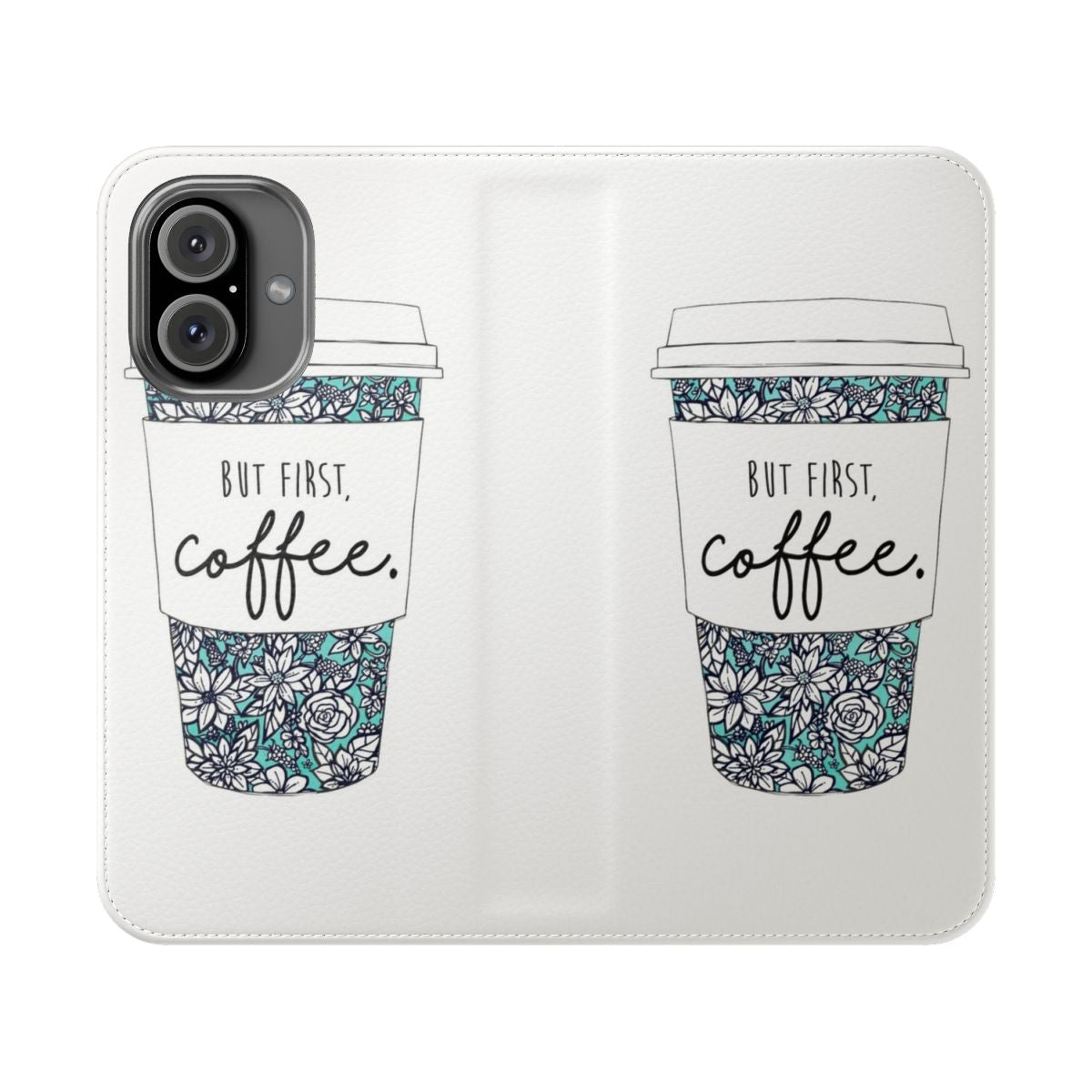 Floral coffee-themed phone case with teal and white flowers