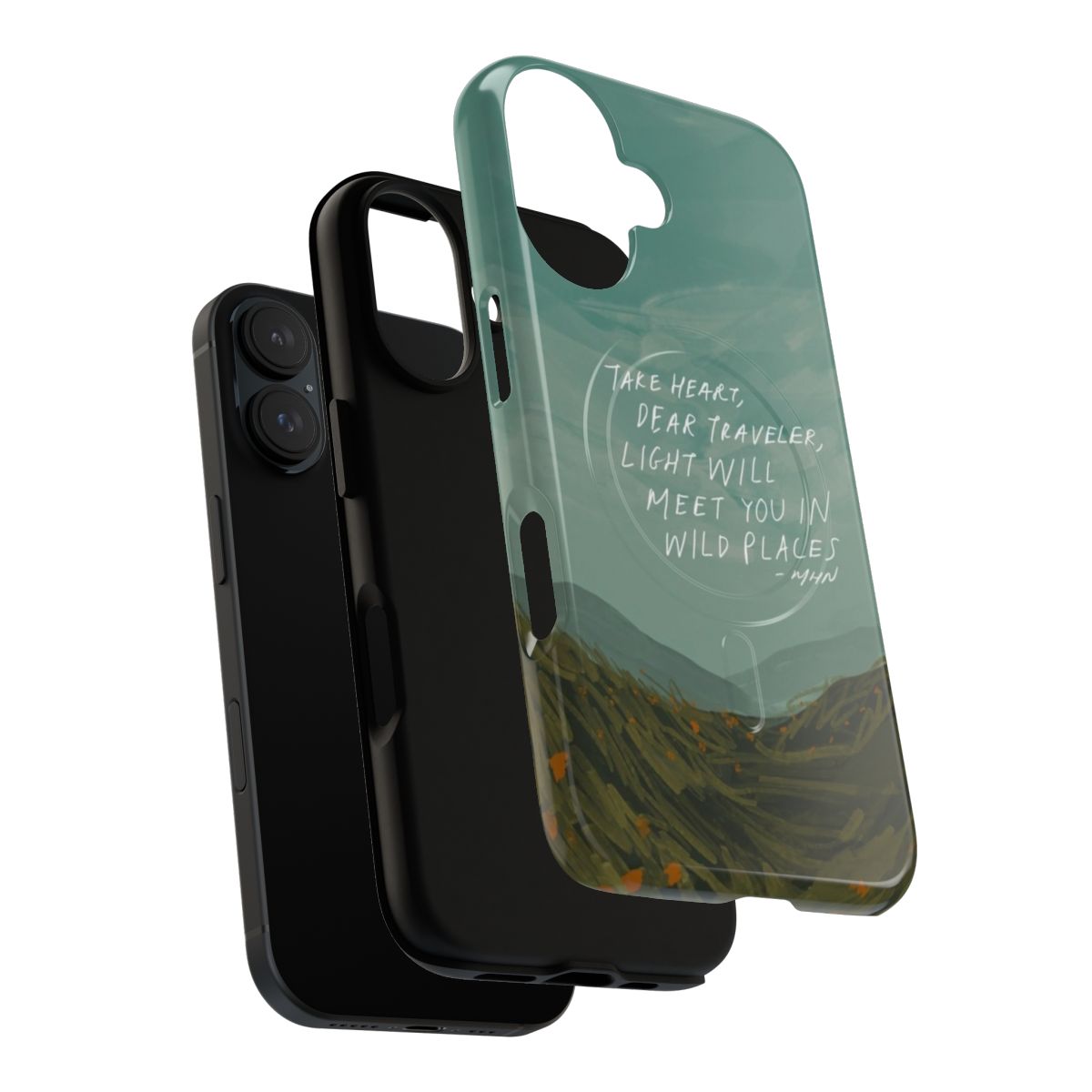 Magnetic tough phone case with image of wild flowers and mountains and text "Light will meet you in wild places" - Layers