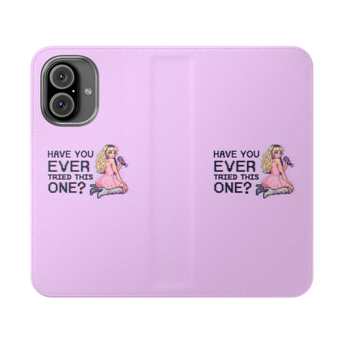 A vibrant flip phone case featuring a cute pixel art design of pop star Sabrina Carpenter.