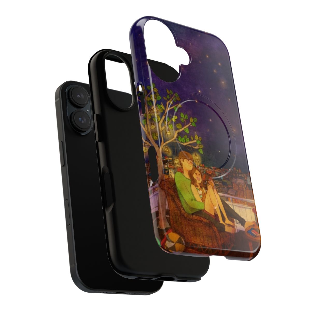 Romantic phone case with Puuung illustration of a cozy, happy couple in a scenic landscape - Layers