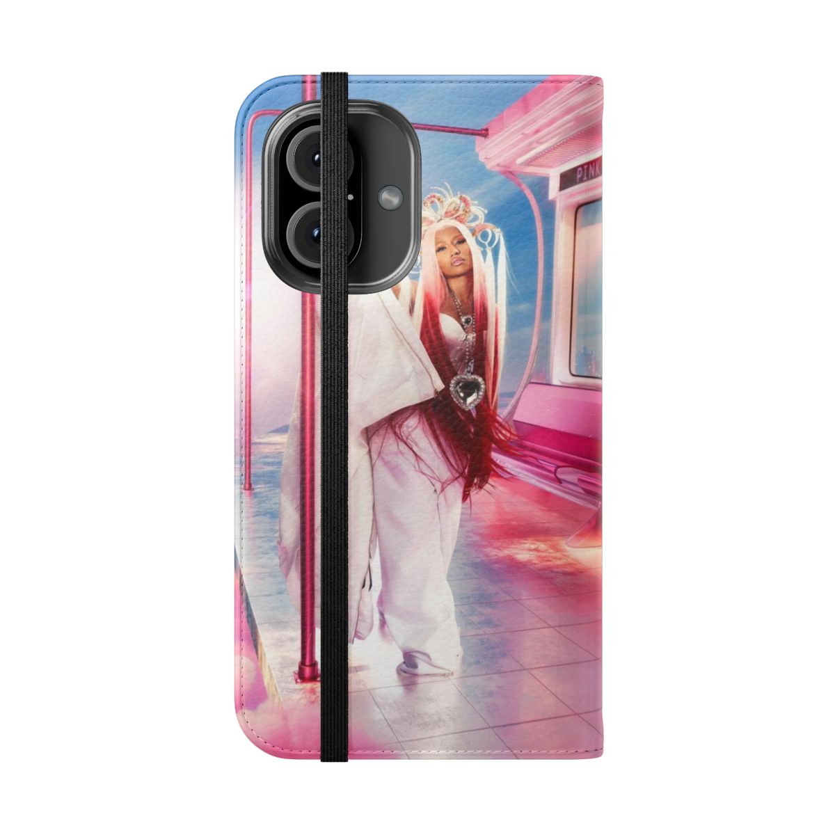 Nicki Minaj-inspired flip cover phone case with pink and barbie-themed design - Folded Front