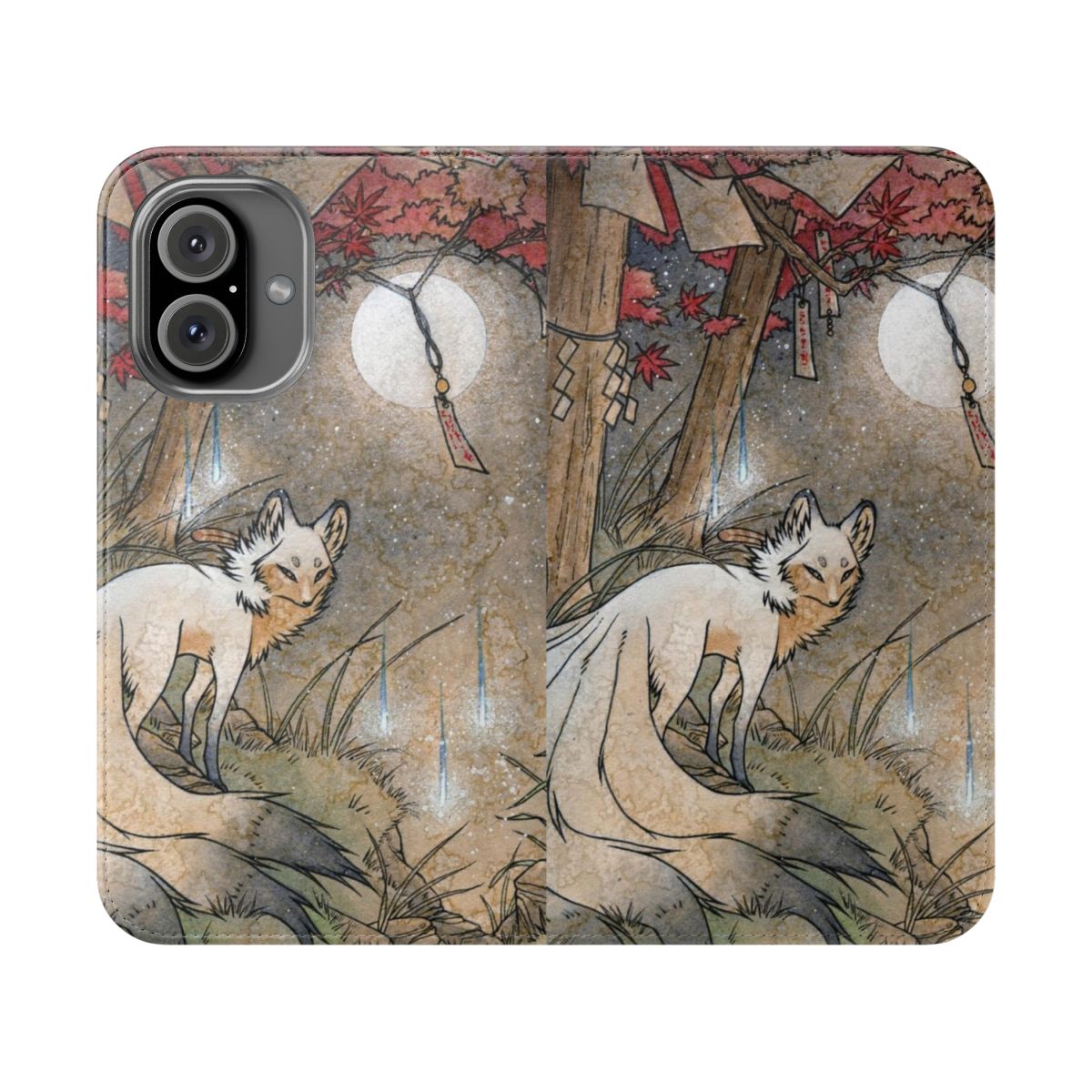 Watercolor illustration of a tea fox spirit under a full moon and maple leaves on a flip cover phone case