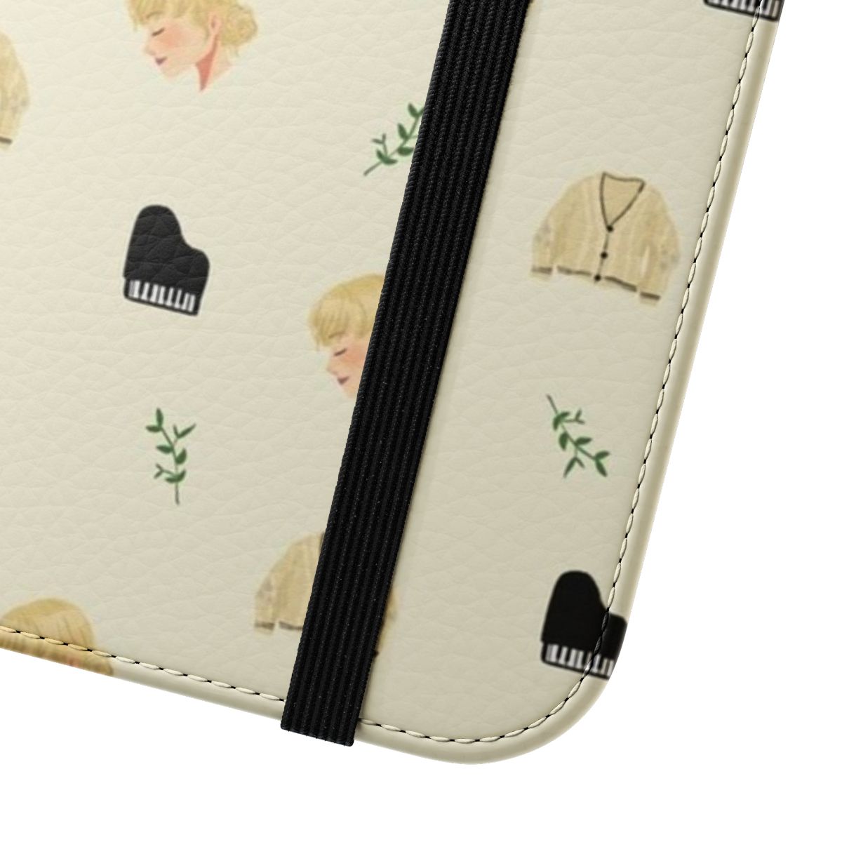 Cardigan-inspired flip cover phone case with forest, piano, and autumn motifs - Close Up