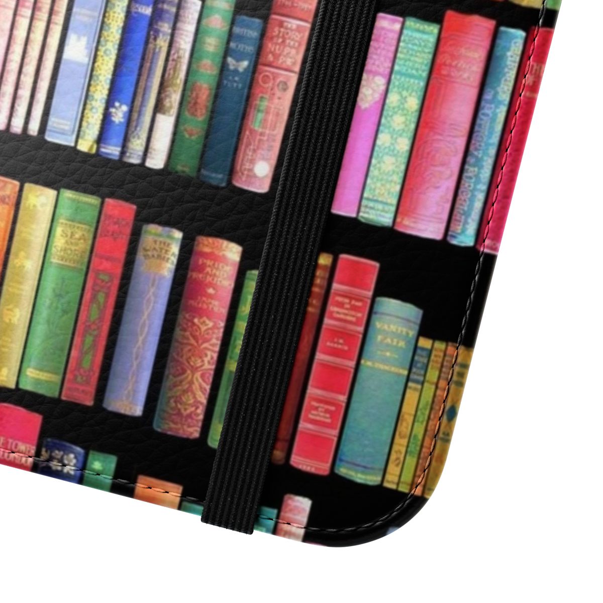 Vintage book-themed flip cover phone case with antique bookshelf design for book lovers and bibliophiles - Close Up