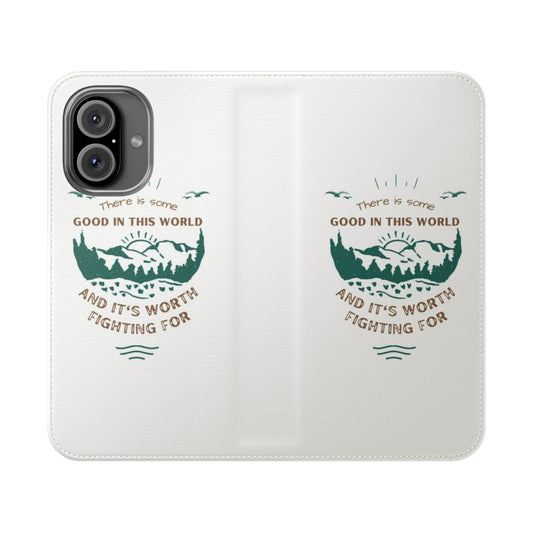 Fantasy flip cover phone case with a rising sun landscape design inspired by the Lord of the Rings universe.