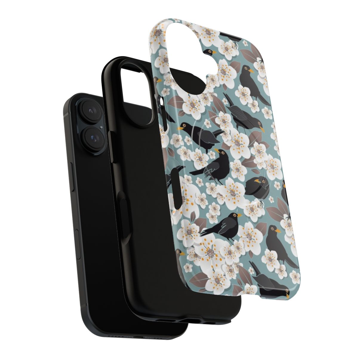 A phone case featuring a colorful illustration of a blooming cherry tree with birds flying around it. - Layers