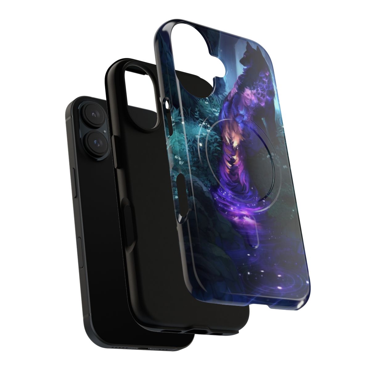 Luminous phone case with a wolf, stars, and a galaxy design - Layers