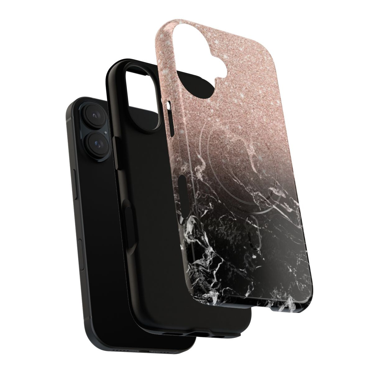 A stylish ombre rose gold and black marble phone case with a modern, chic design. - Layers