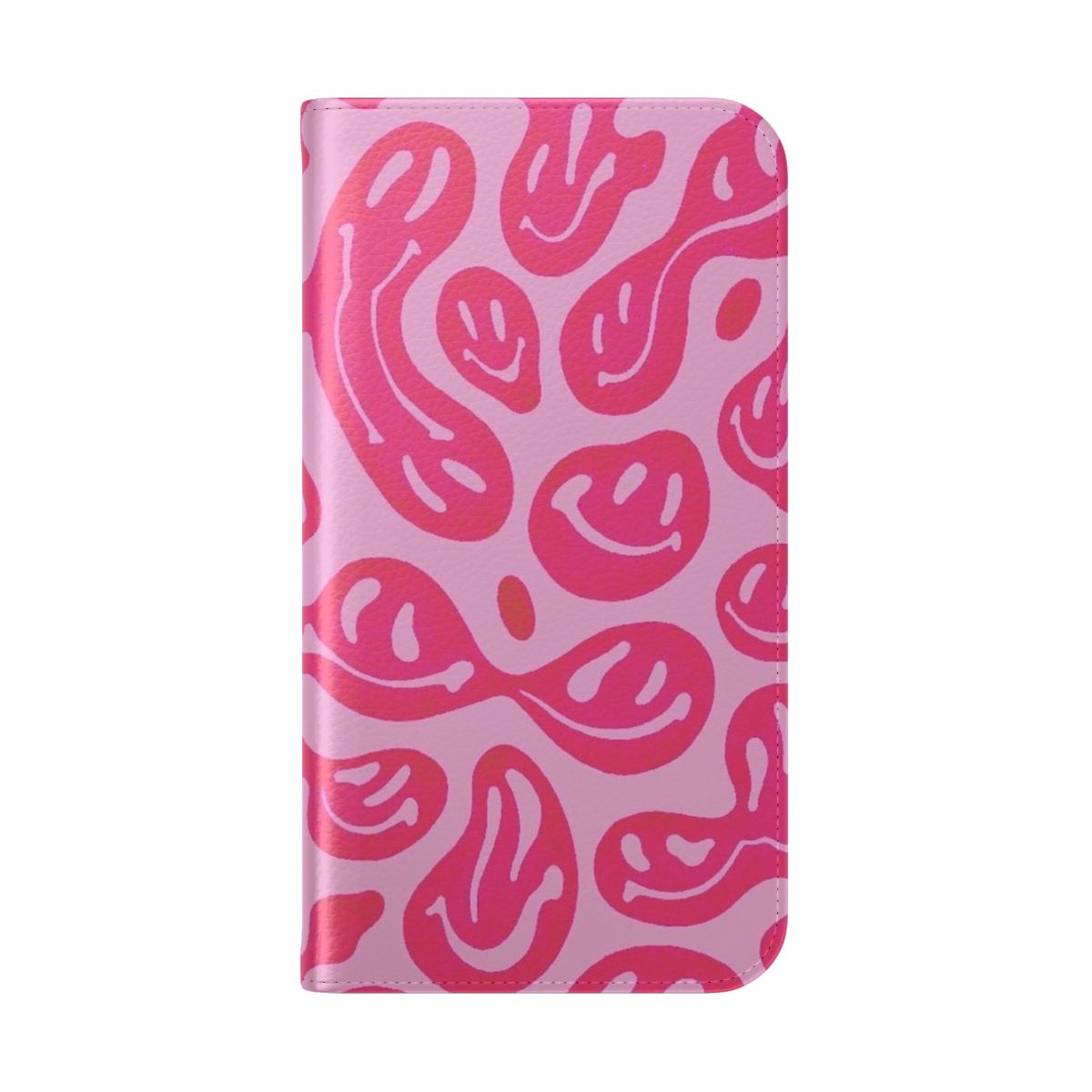 Vibrant hot pink phone case with a psychedelic melted smiley face pattern - Folded Back