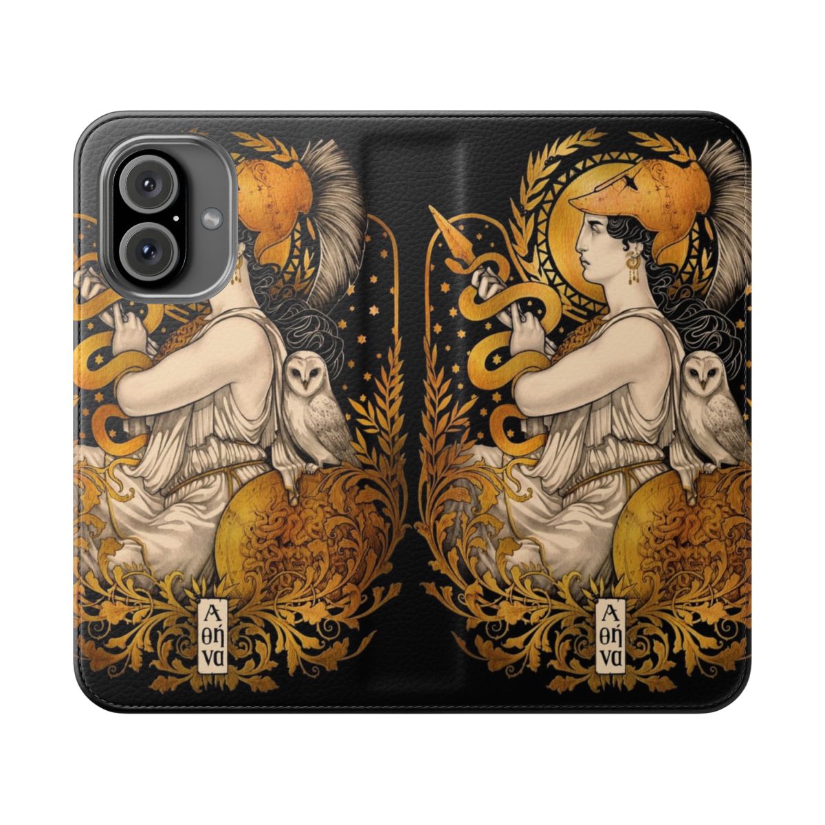 Pallas Athena-themed phone case with art nouveau design, featuring a golden owl and snake motifs