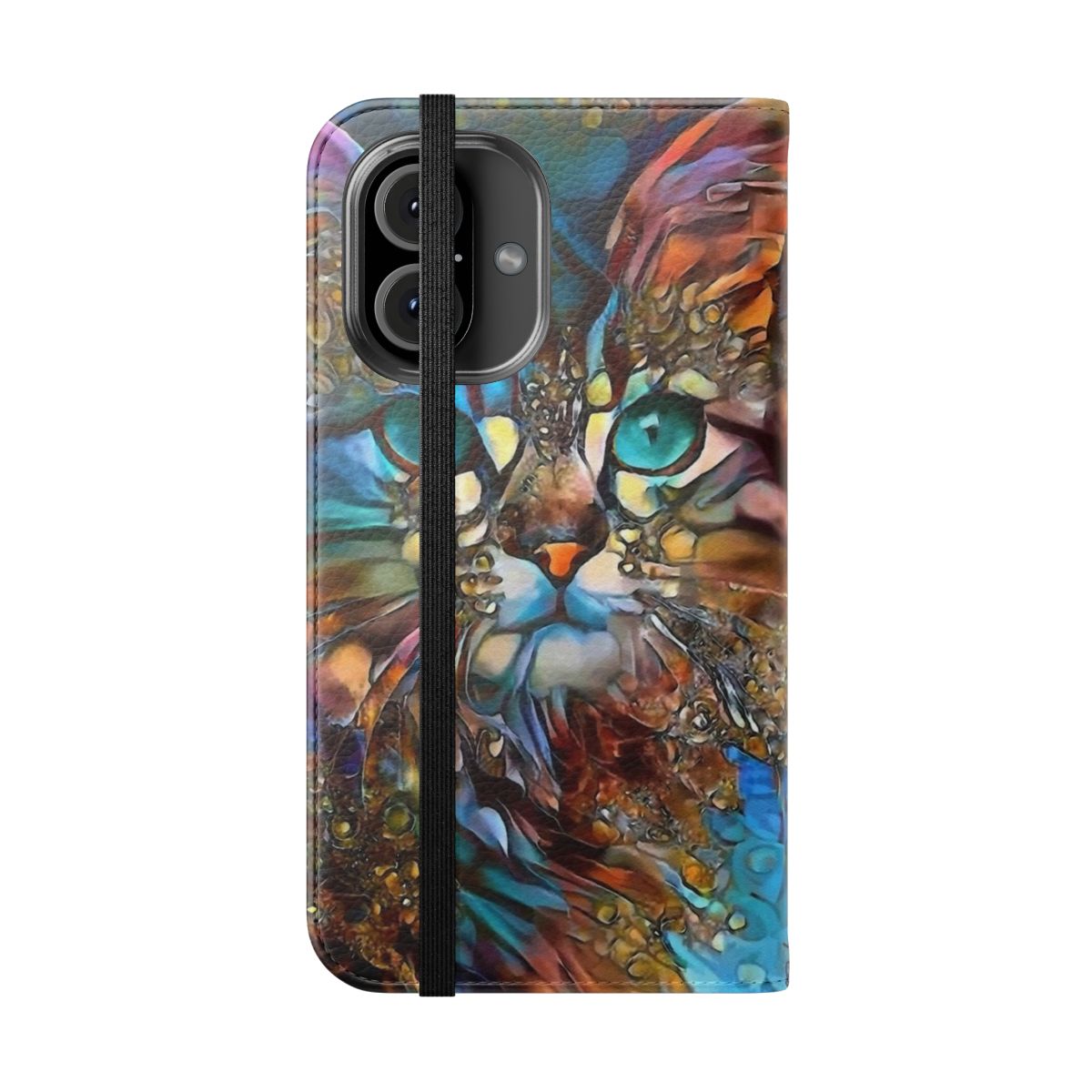 Cat themed flip cover phone case featuring whimsical paintings by artist Lea Roche - Folded Front