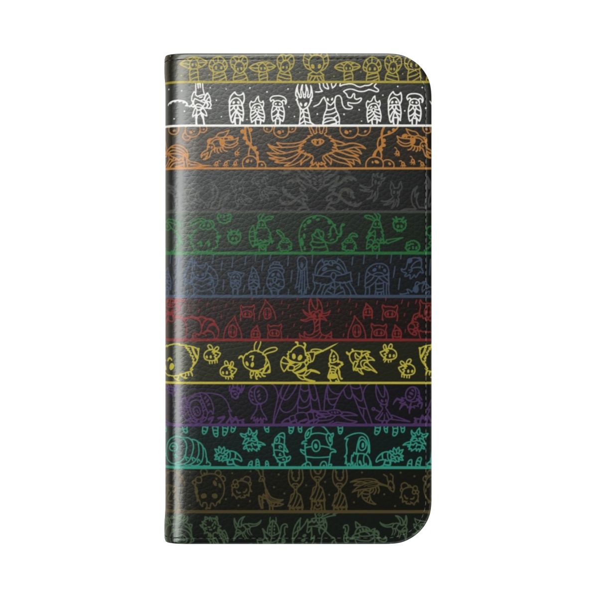 A vibrant and detailed flip cover phone case featuring various insects and creatures from the world of Hollow Knight. - Folded Back