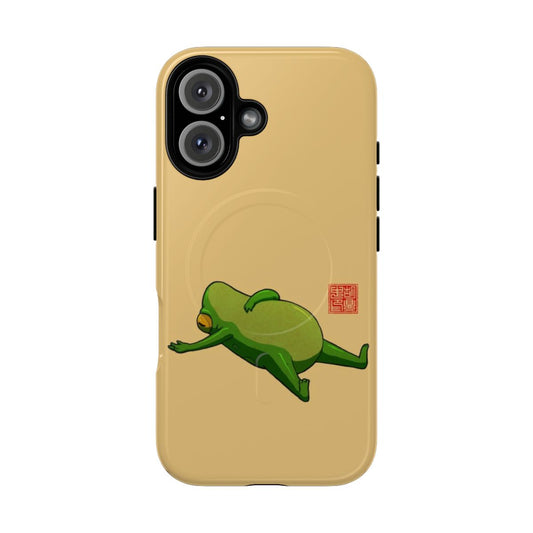 A vibrant phone case featuring a whimsical frog in a yoga pose, perfect for nature and exercise enthusiasts.