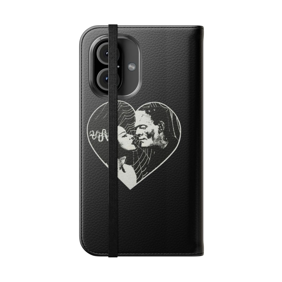 A gothic-style phone case featuring the classic monster Frankenstein and his bride in a black and white design with a heart and spider web motif. - Folded Front