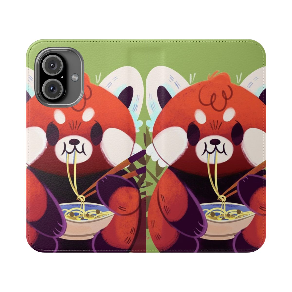 A whimsical digital illustration of a red panda enjoying a bowl of ramen noodles, featured on a phone case.