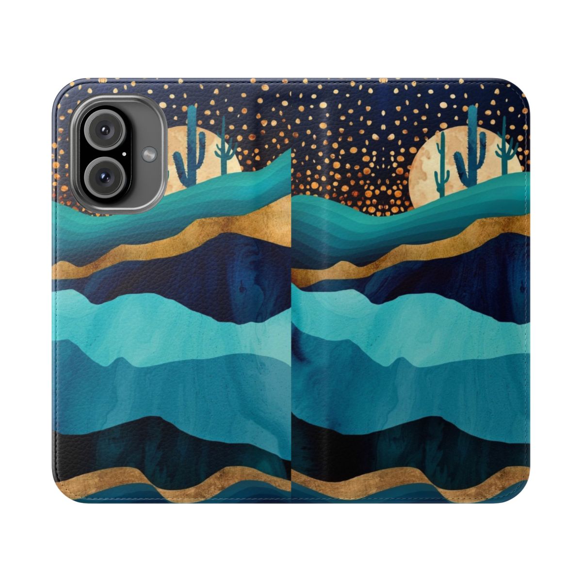 Indigo landscape phone case featuring a night sky with mountains, cactus, and stars