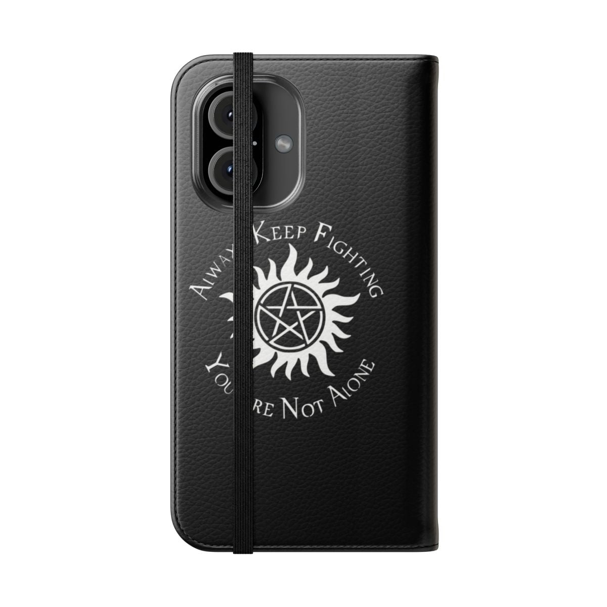 Supernatural-themed flip cover phone case with anti-possession symbol, Winchester brothers and other characters - Folded Front