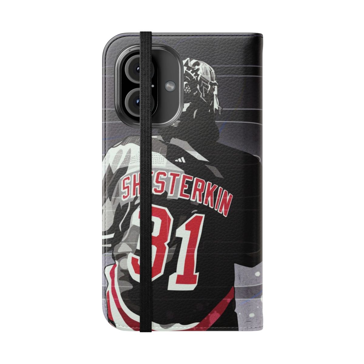 Flip cover phone case featuring artwork of New York hockey goalie Igor Shesterkin - Folded Front