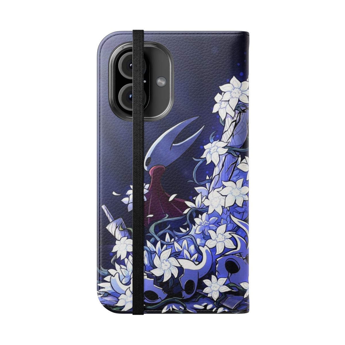 Hollow Knight-themed flip cover phone case with insect and gaming graphics - Folded Front