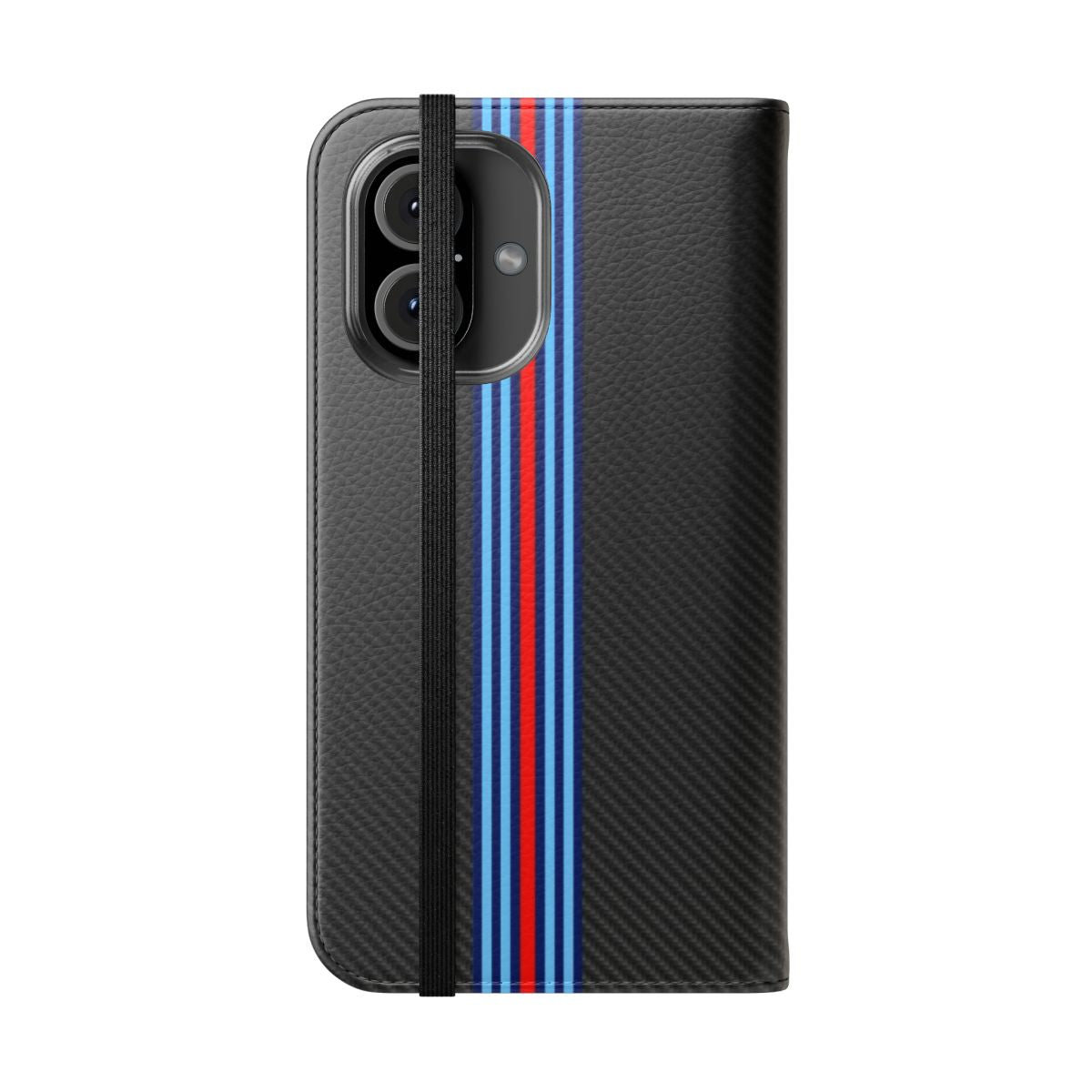 Carbon fiber and racing stripes phone case for car enthusiasts - Folded Front