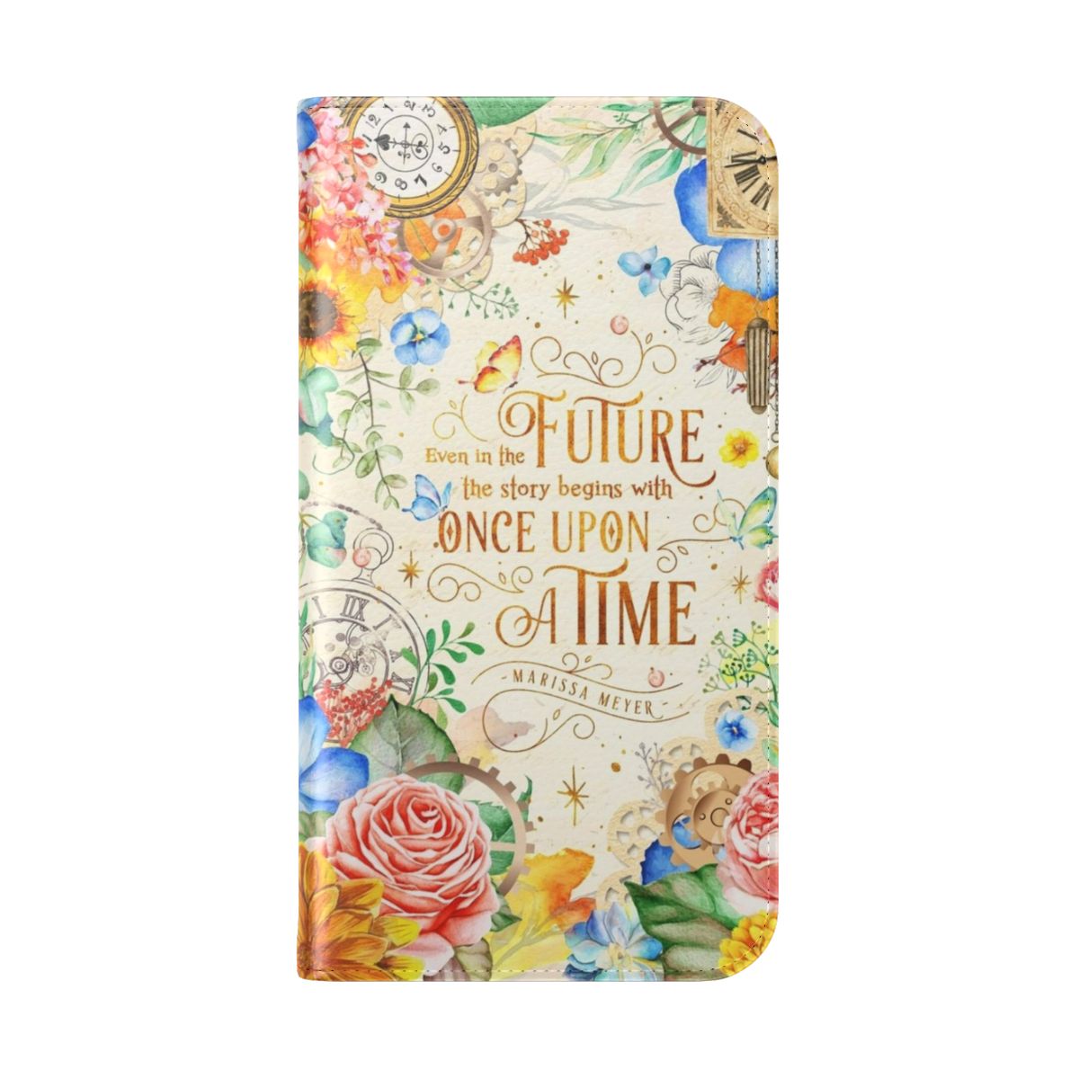 Vintage floral fantasy phone case with whimsical designs, including fairy tale elements, watercolor florals, and steampunk-inspired gears and leaves. - Folded Back