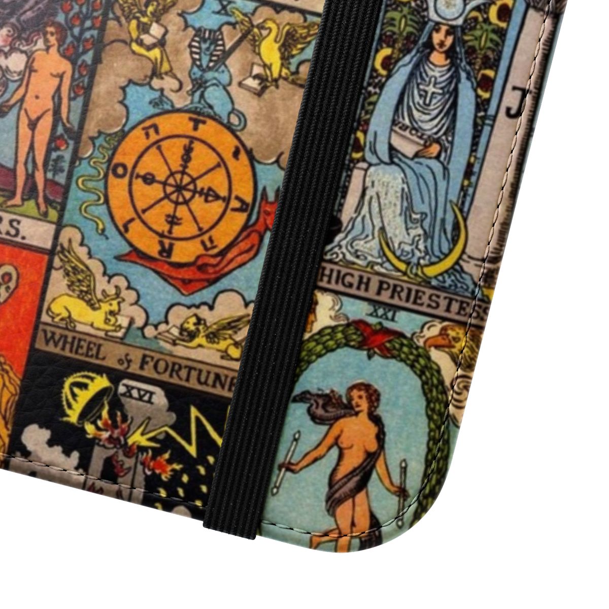 Flip phone case featuring the Major Arcana tarot card imagery in a vintage Rider-Waite-Smith style design. - Close Up