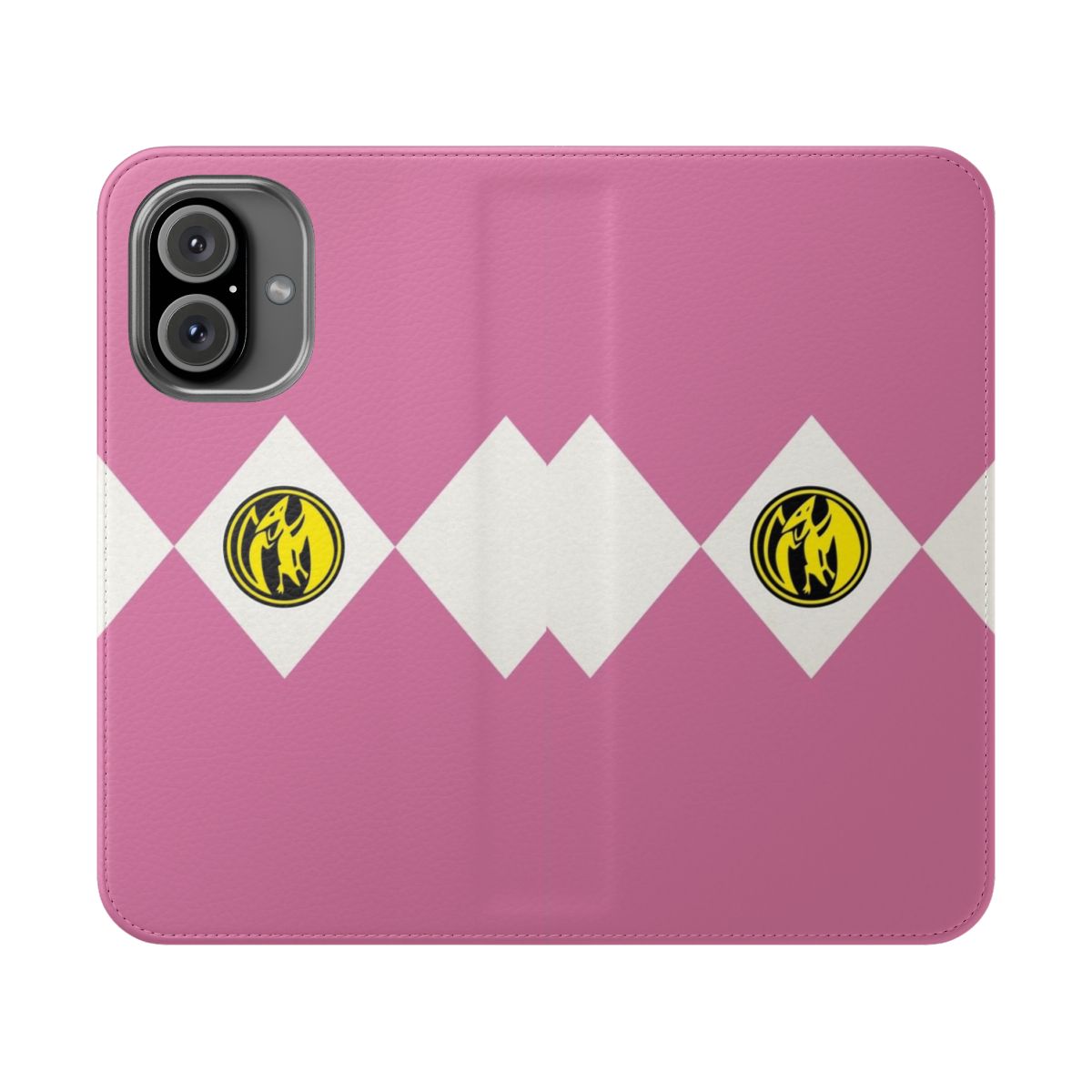 Power Rangers-inspired flip cover phone case with a dinozord design