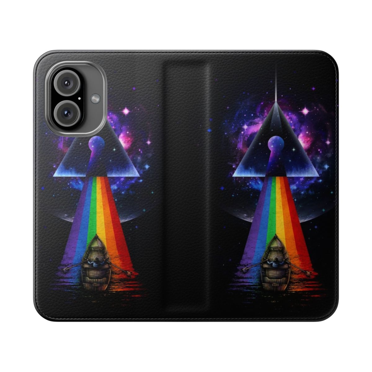 Flip phone case with a dark, cosmic galaxy design