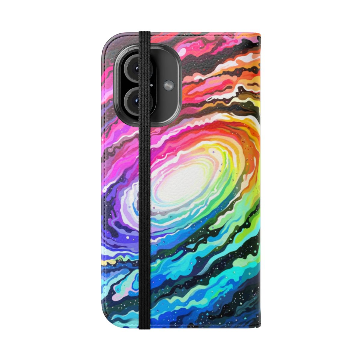 Andromeda flip cover phone case with a vibrant, space-themed design featuring galaxies, stars, and planets. - Folded Front