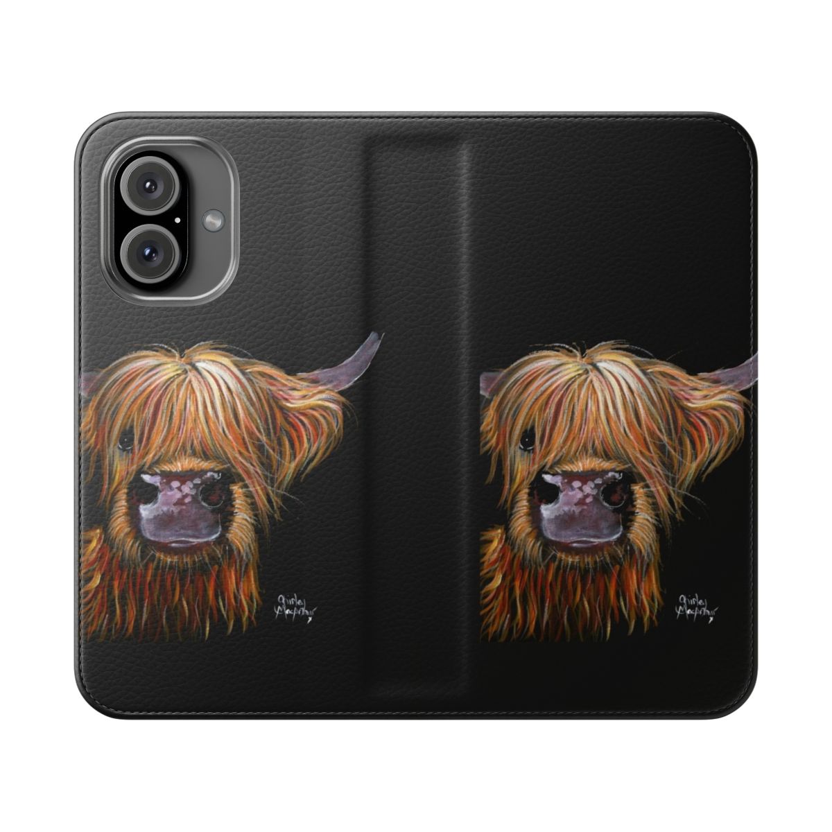 Colorful illustration of a friendly Scottish Highland cow named "Henry" on a flip cover phone case