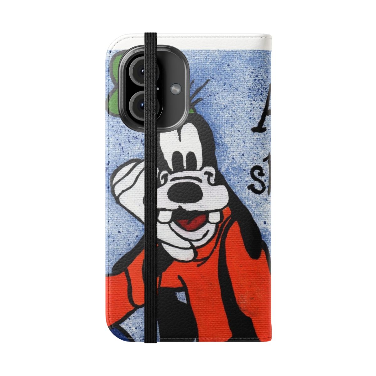 Aw Shucks themed phone case featuring a blue and speckled background with a cartoon goofy-style design - Folded Front